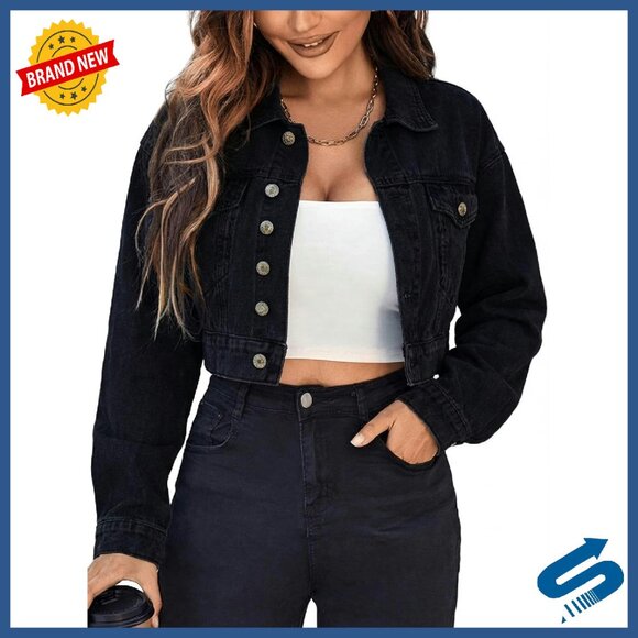 Vintage Cropped Denim Jacket Oversized Distressed Dark Wash Women's